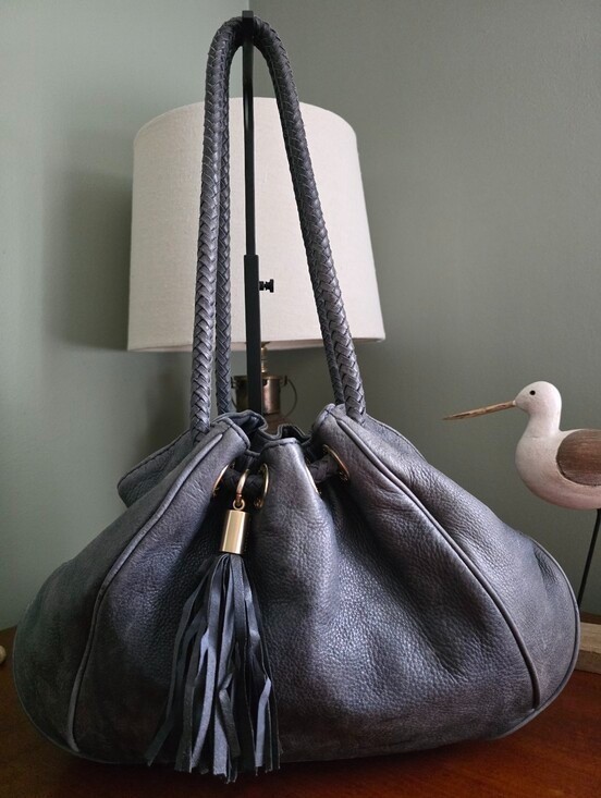 Michael Kors Braided Handle Hobo Bag Slate Blue Navy Pebbled Leather Tassel