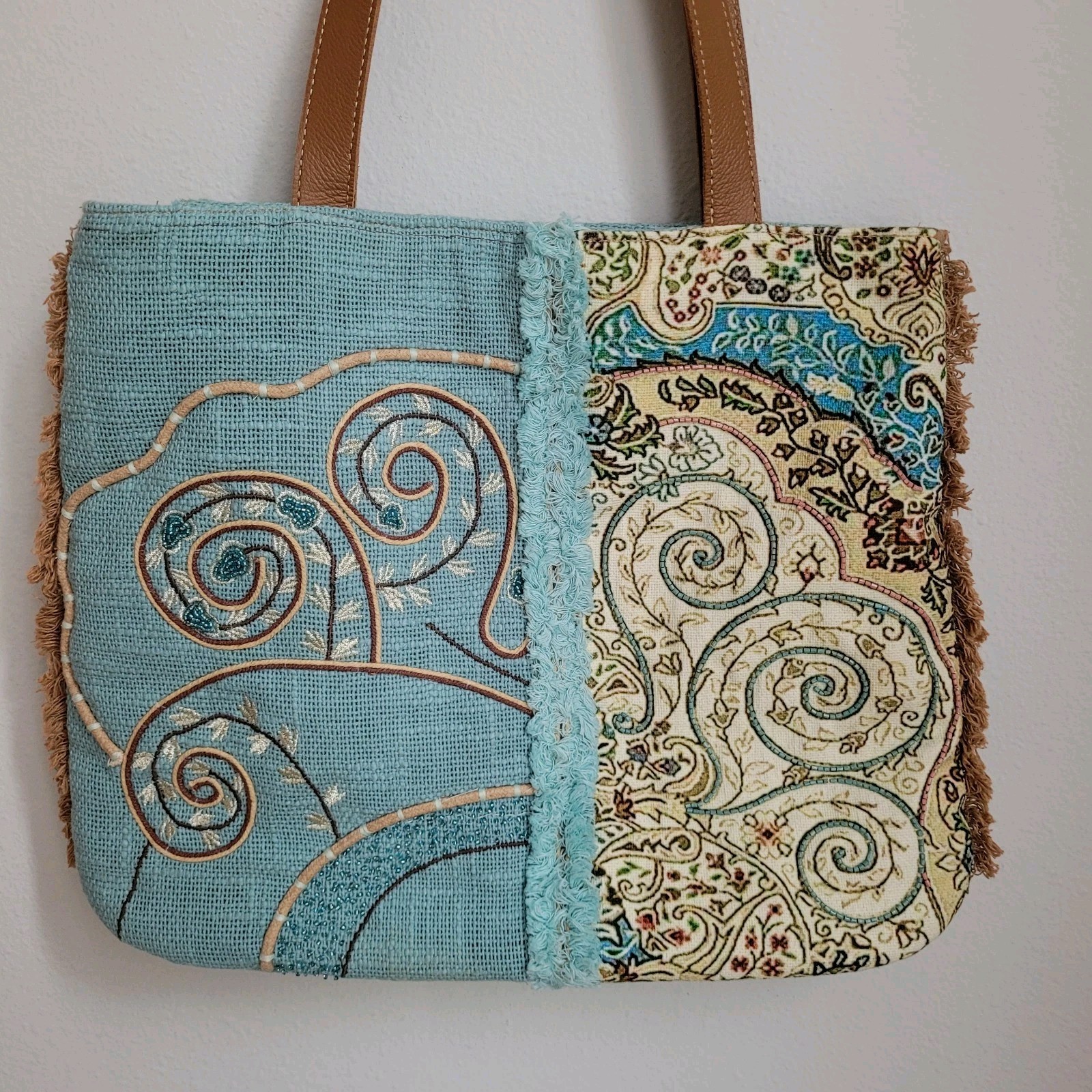 Coastal Waves Myra Woven Canvas Shoulder Tote Purse Leather Straps **EXCELLENT