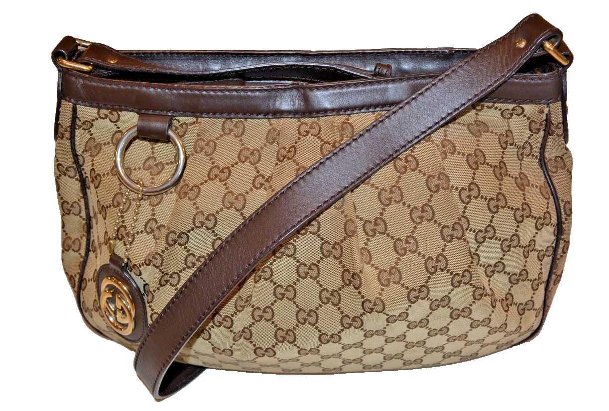 Authentic Gucci GG Canvas Sukey Hobo Bag Monogram Leather Trim Shoulder Bag