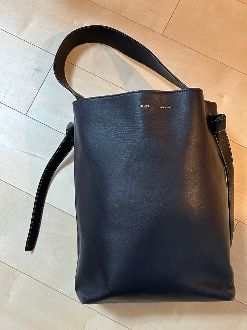 Auth Old Celine Twisted Cabas Navy Green Smooth Calfskin Leather Hobo Bag Used