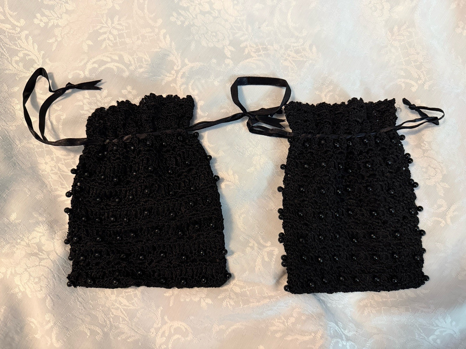 Lot Of 2 Black Crochet Lace Beaded Knit Drawstring Jewelry Holder Bag Pouch