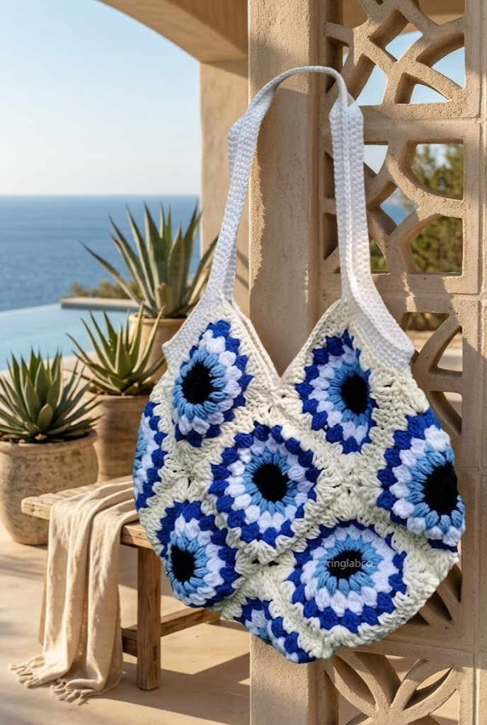 Handmade Crochet Evil Eye Tote Bag Granny Square Woven Summer Shoulder Purse