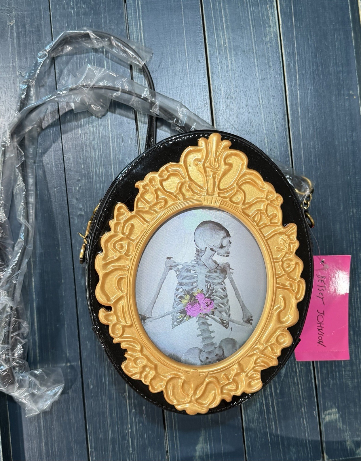 NWT Betsey Johnson Crossbody Holographic Skeleton Now You See Me Black Edgy
