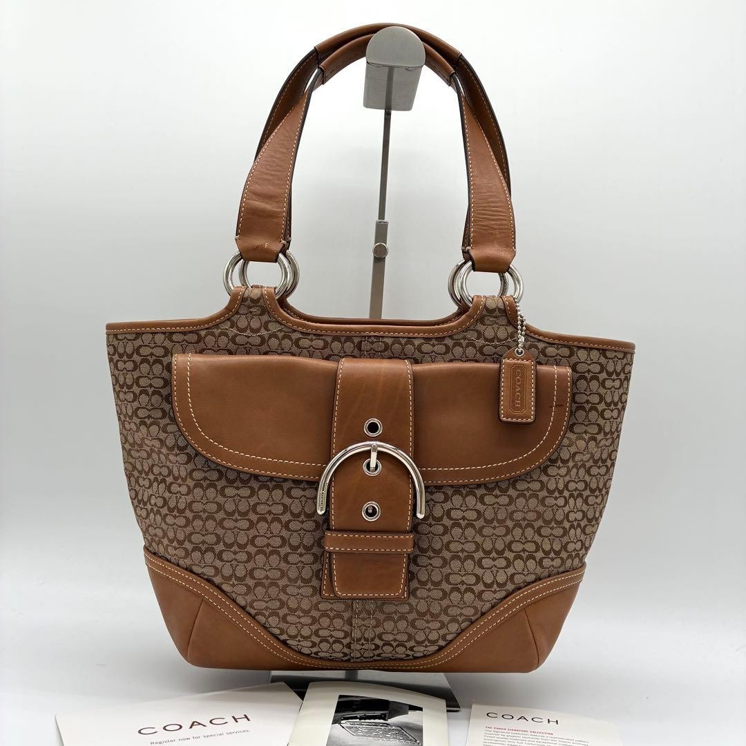 COACH Soho Signature Handbag Brown Leather Canvas Pre-Owned Used 35x22x10 cm