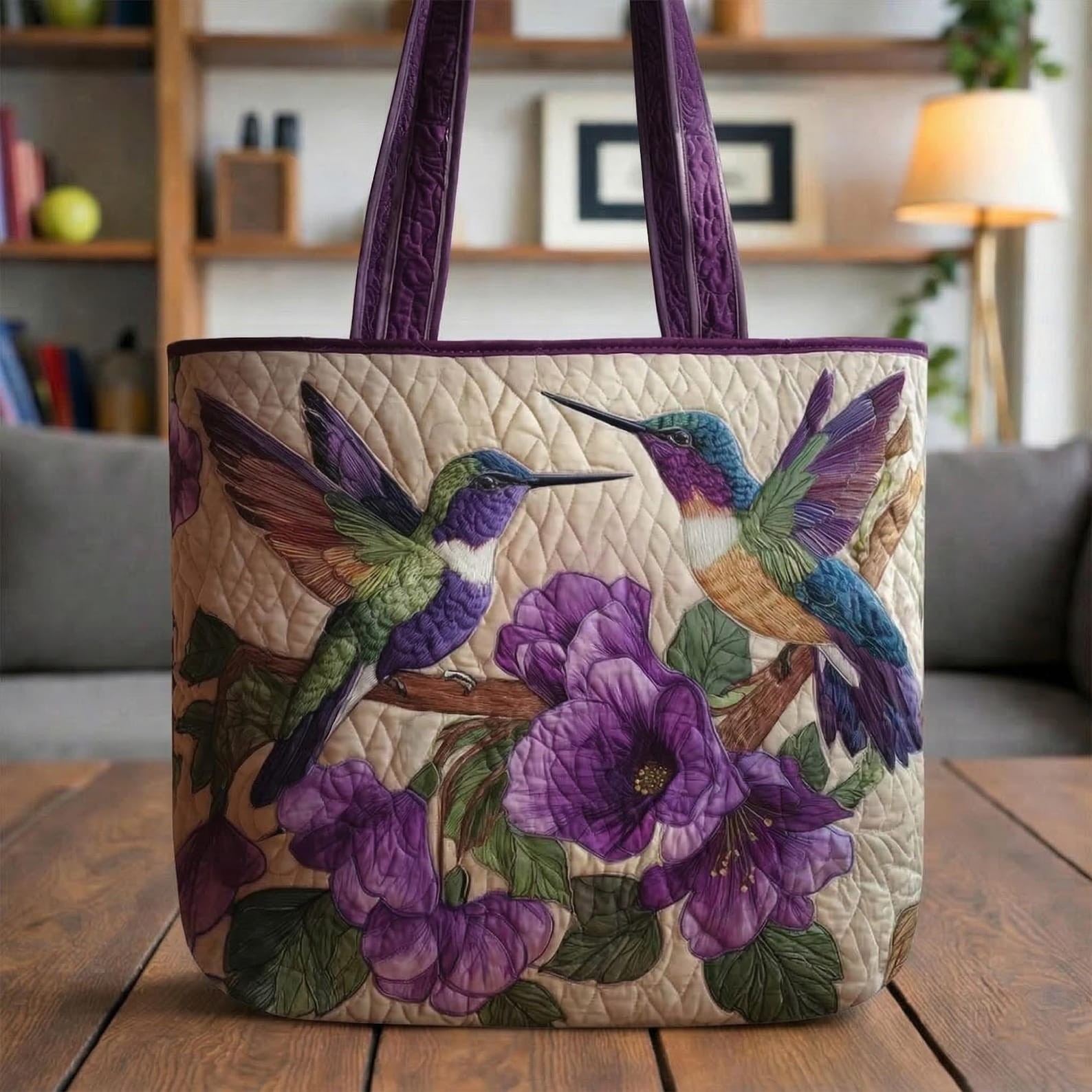 Hummingbird Quilted Tote Bag, Purple Floral Bird Bag, Handmade Style Shoulder Ba
