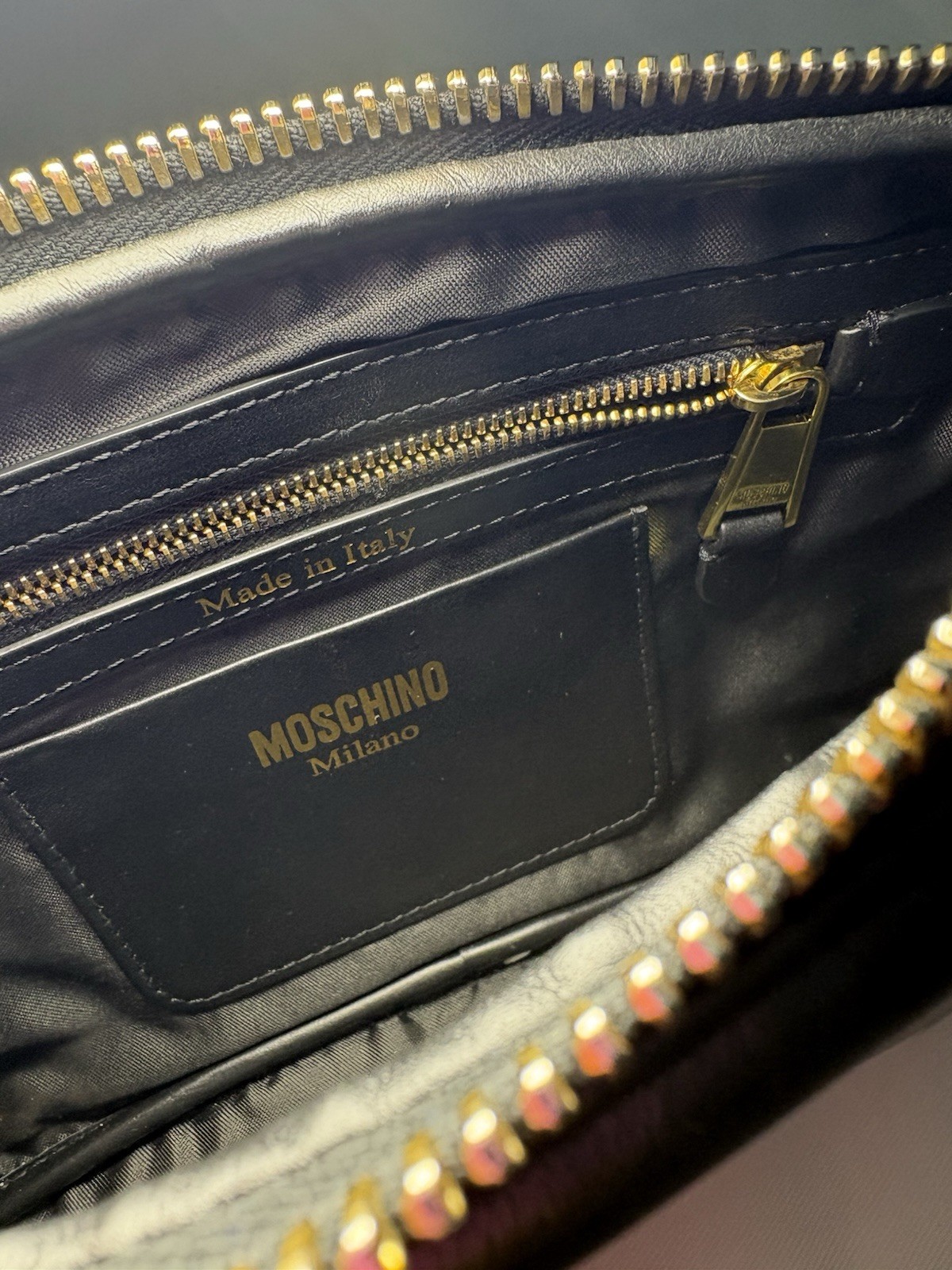 Authentic Moschino Logo-Print Wristlet Crossbody Pouch Bag Black White Leather