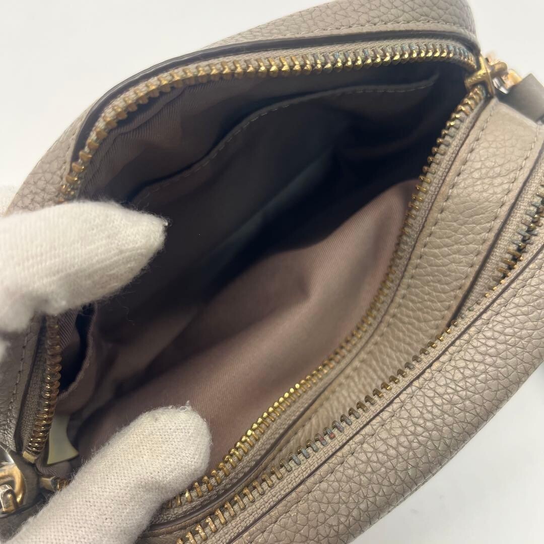 Tory Burch Perry Bombe Mini Crossbody Bag Leather Greige Gold Zip Logo 6.3in