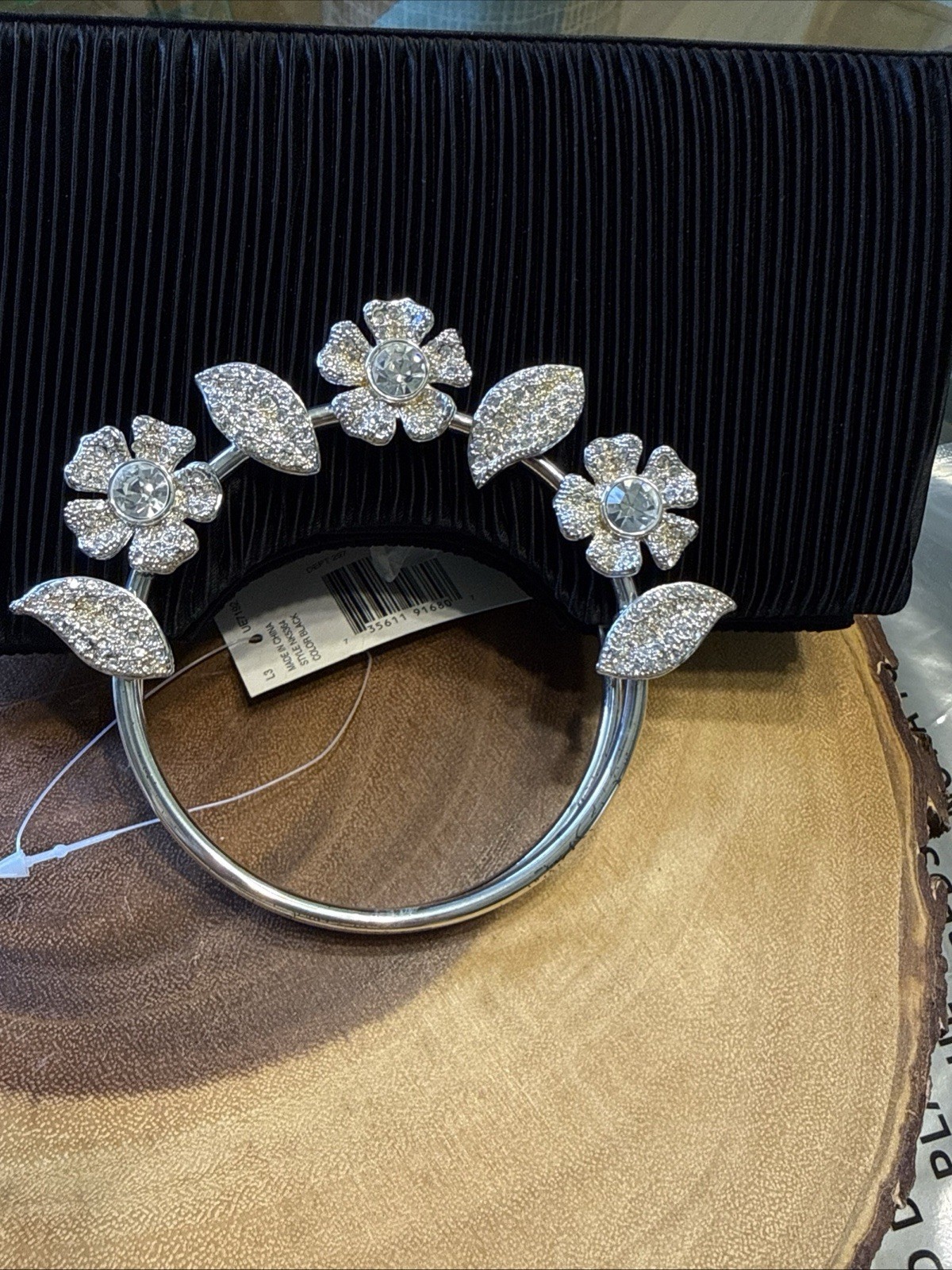 Small Black Clutch With Rhinestone Flowers For Weddings And Formal Occasions