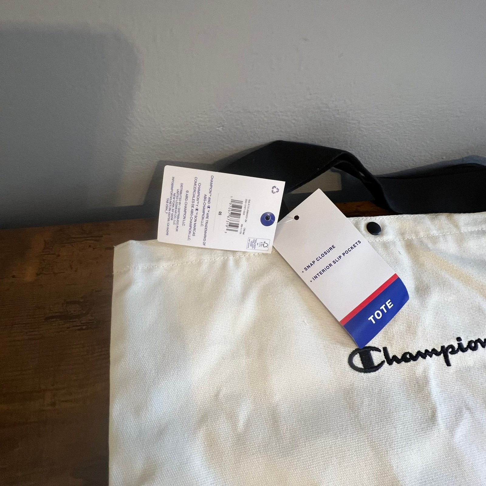 Champion Embroidered Logo Canvas Tote Bag in Cream w/ Handles Inside Pocket NWT