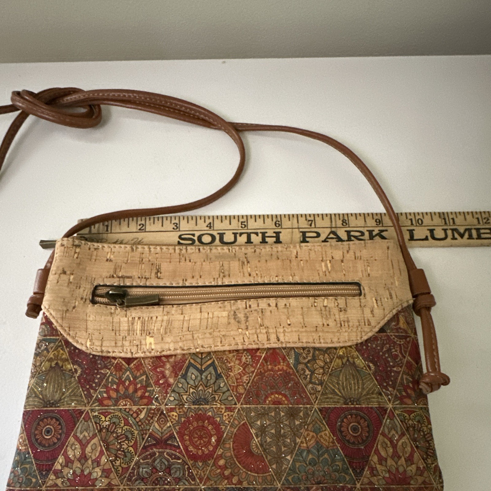 Geometric Multicolor Tan Crossbody Bag, Zip Closure, Pockets, Gold Hardware