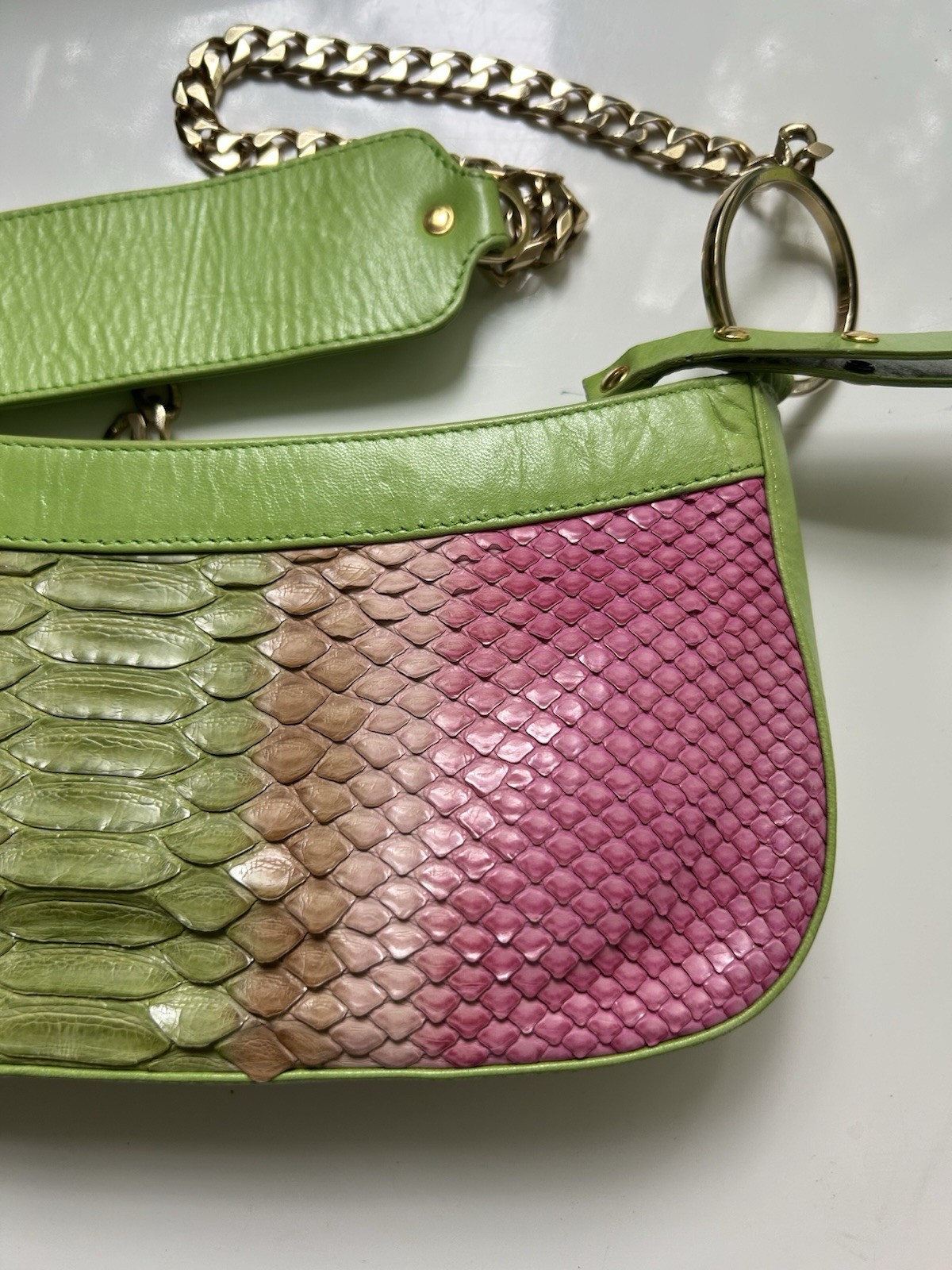 CLAUDIA CIUTI Made in Italy Snake skin Pnk & Green Leather bag with gold chain