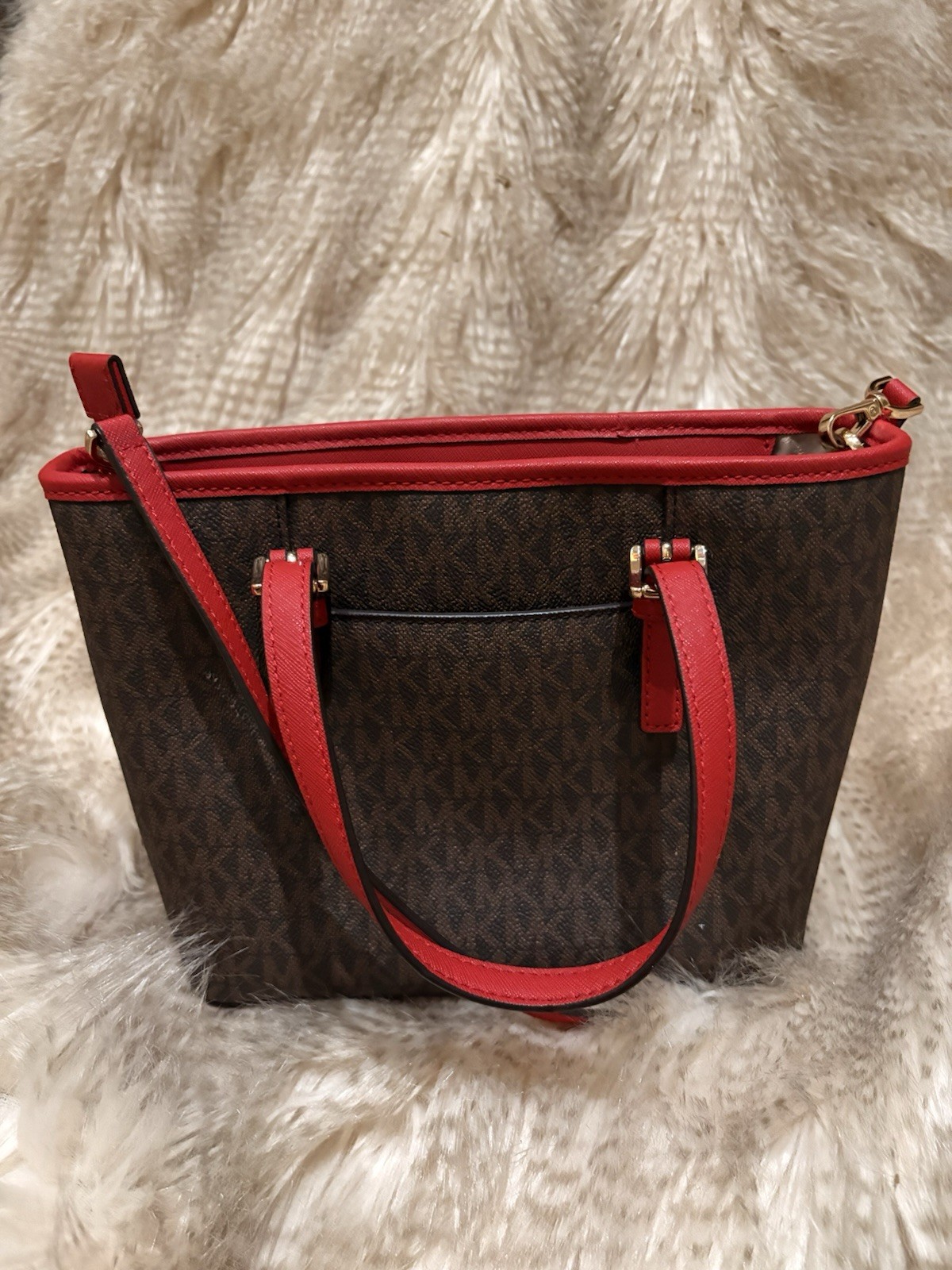 Michael Kors Small Tote Bag Brown/Red MK Logo, Double Handles, Gold Hardware