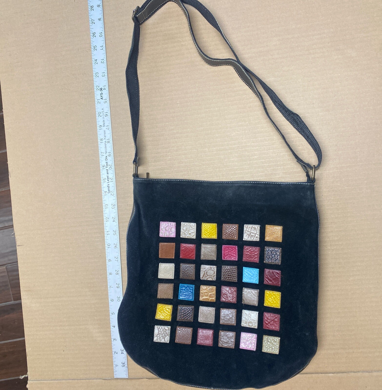 El Dorado Leather Black Suede Crossbody Messenger with Patchwork Leather Squares