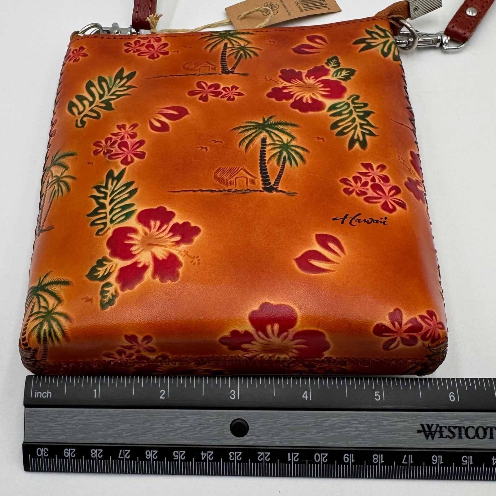 Aloha From Hawaii Crossbody Bag Hand Made Leather Tropical Floral Women Brown
