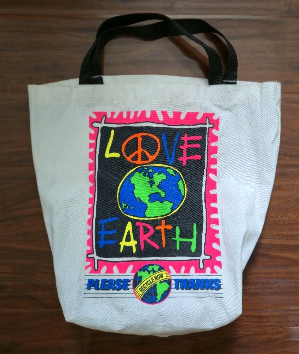 Vintage 90s Earth Day Tote Bag with Black Straps