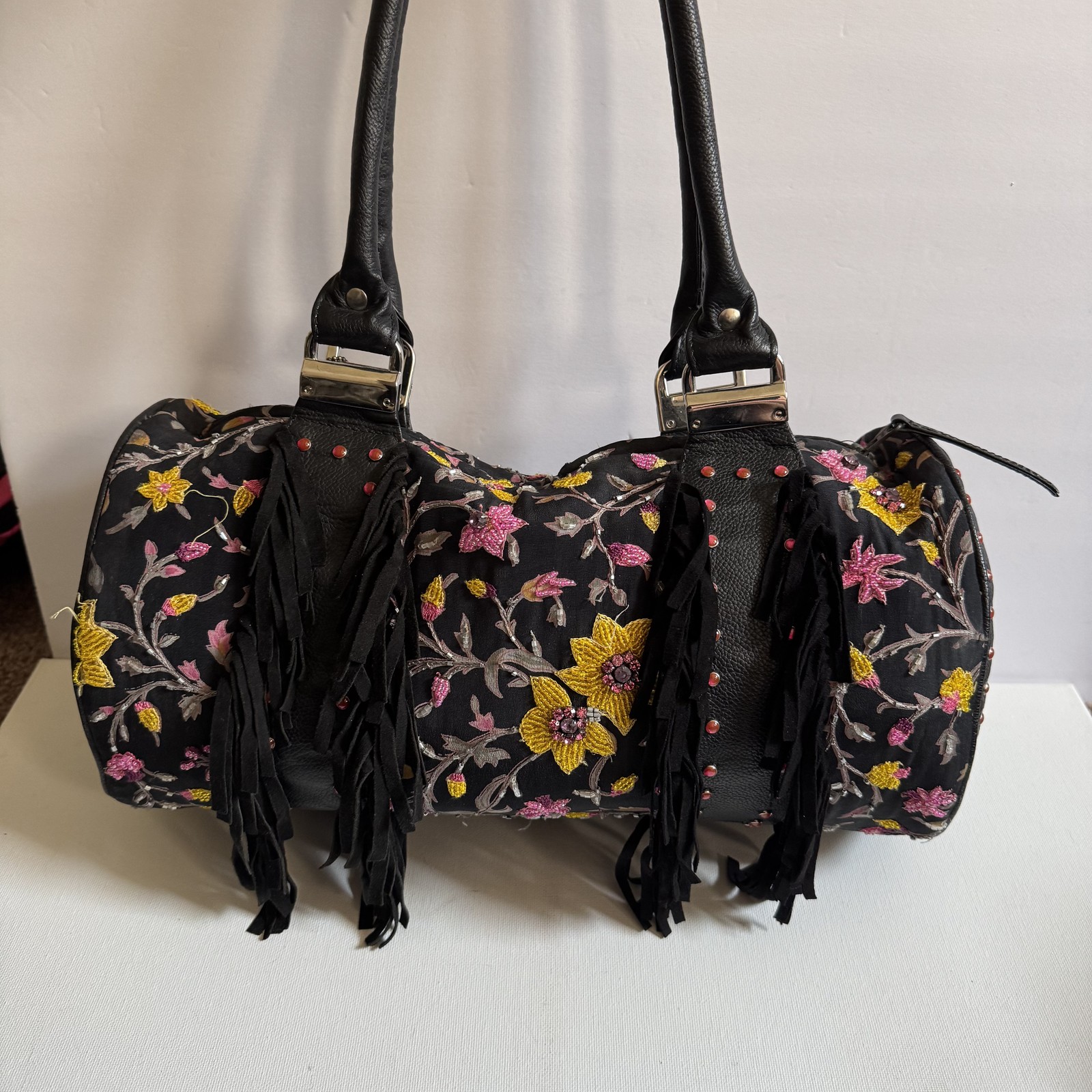 Vtg Mary Frances Floral Embroidered Bag Barrel Purse Black Fringe Beaded Boho
