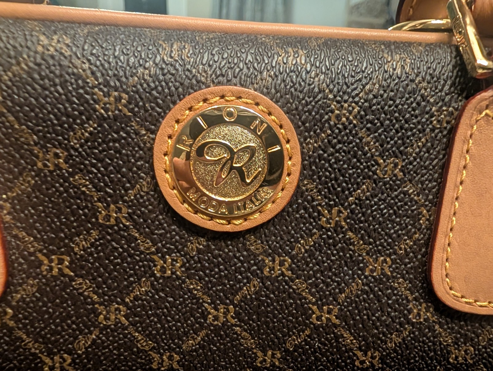 Rioni Moda Italia Signature Monogram Satchel Crossbody Bag Brow