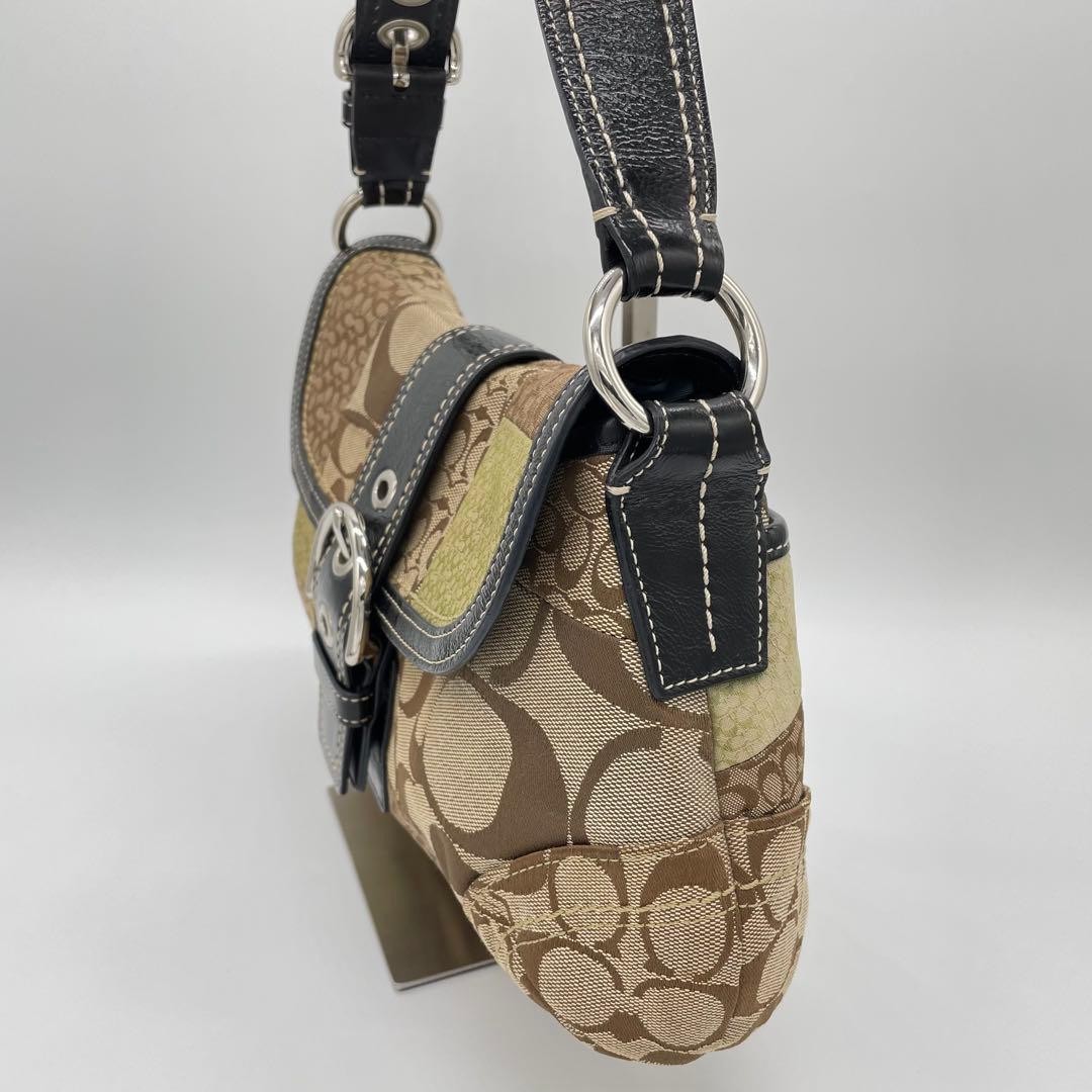 Coach Shoulder Bag F12316 Patchwork mini Signature Black Khaki Brown women