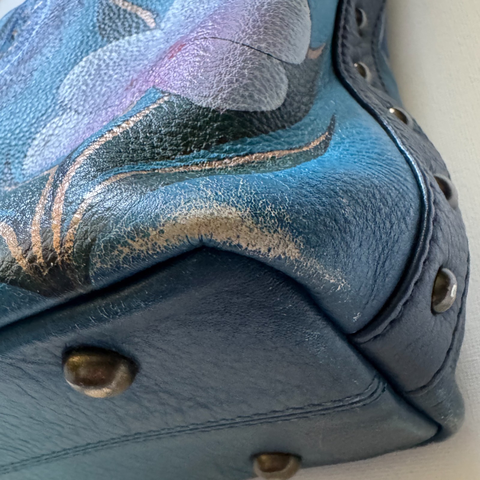 Anna Anuschka Denim Paisley Floral Leather Hobo Bag Purse Handbag Peacock Blue