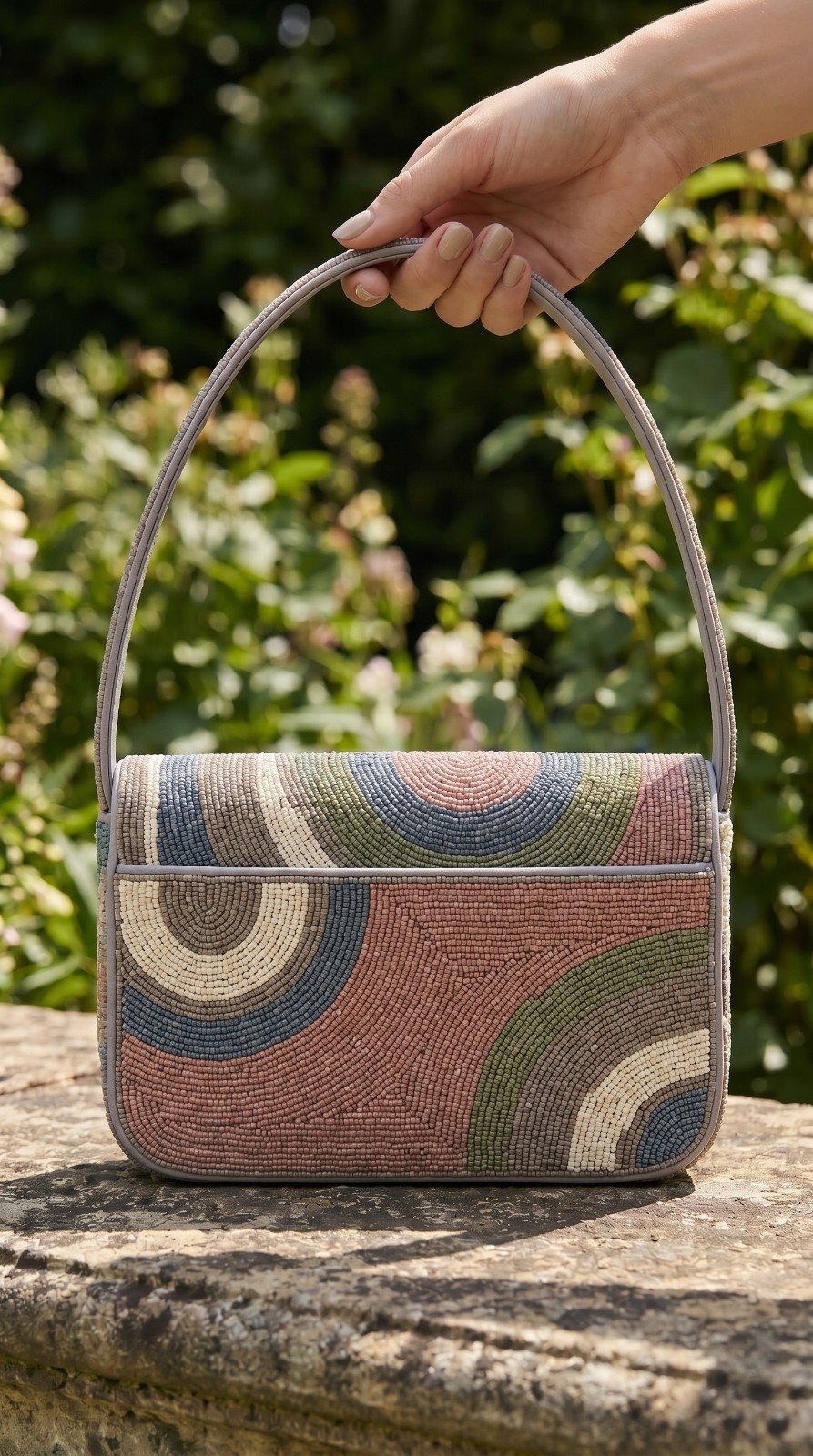 Handmade Beaded Shoulder Bag Abstract Wave Swirl Pattern Pastel Multi-Color Flap