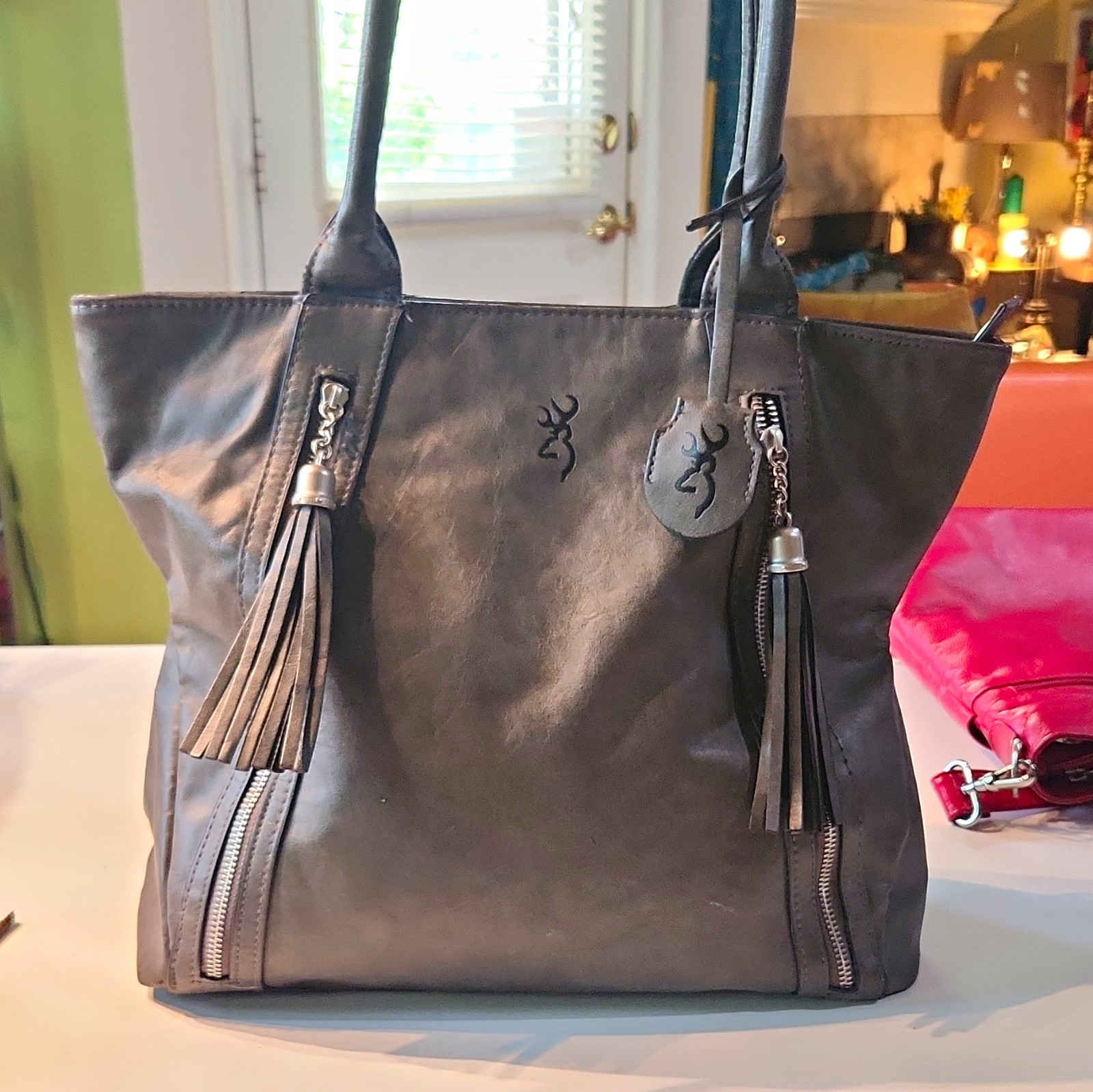 Browning Brown Large Tote Bag Zip Top Tassel Accents Double Handles Pockets