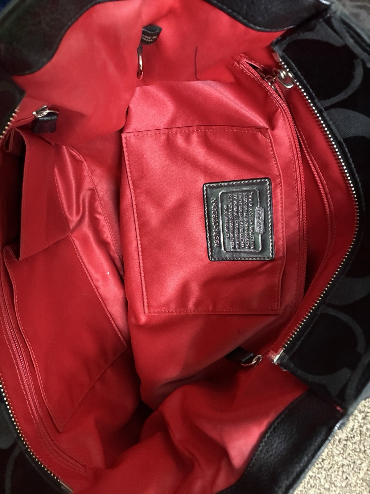 Coach Black Logo Print Shoulder Bag Leather Trim Red Lining Zipper Logo Plaque