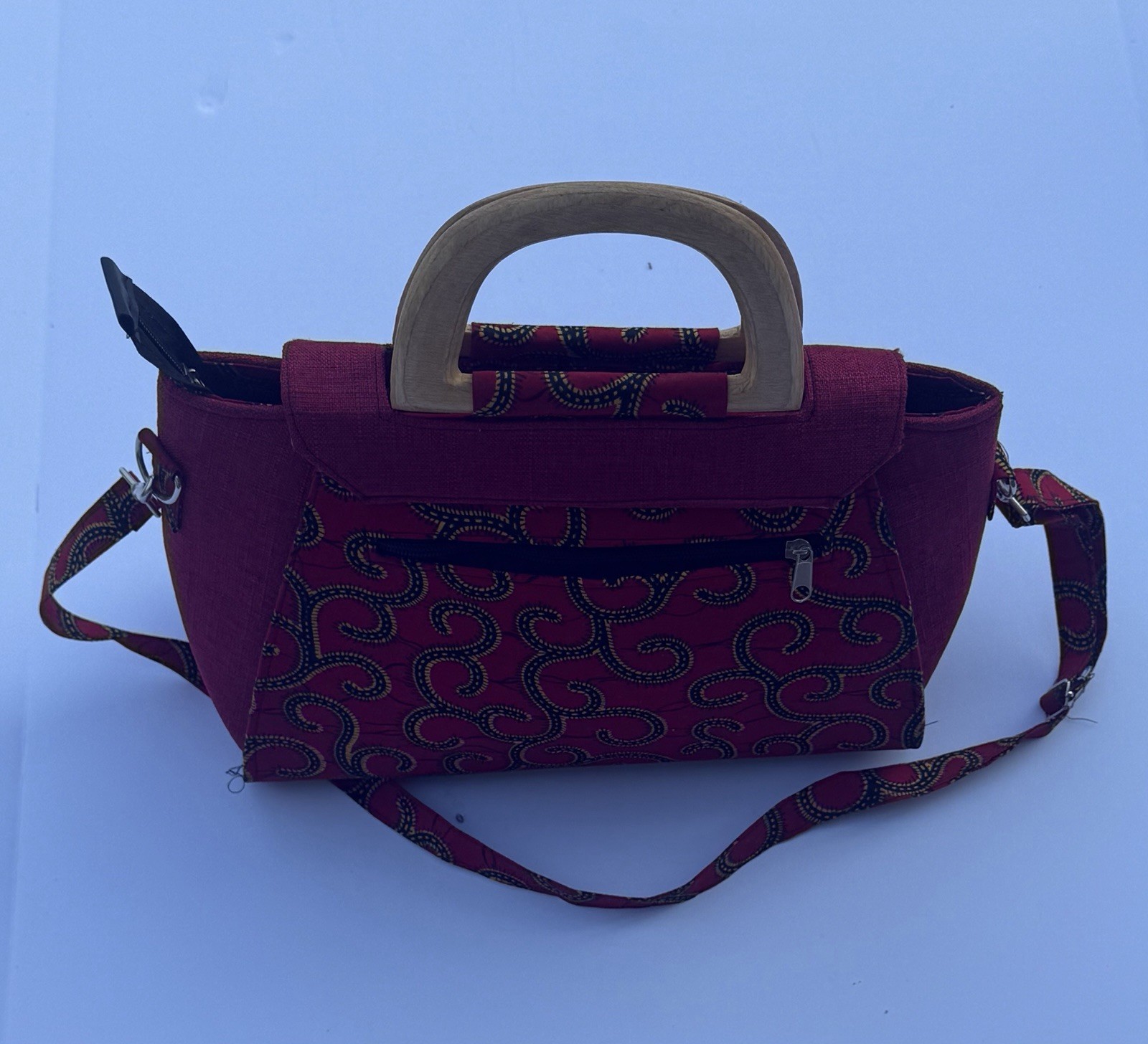 Red Paisley Rectangle Top Handle Bag Wood Handles, Detachable Strap, Zip