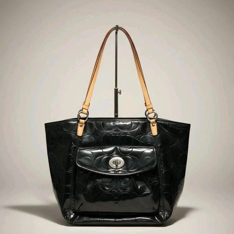 COACH Signature LEAH Black Embossed Patent Leather Logo SHOULDER TOTE BAG F14663