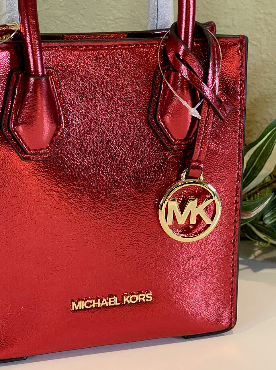 MICHAEL KORS MERCER XS MINI NS SHOPPER CROSSBODY PHONE MK BAG METALLIC RED GOLD