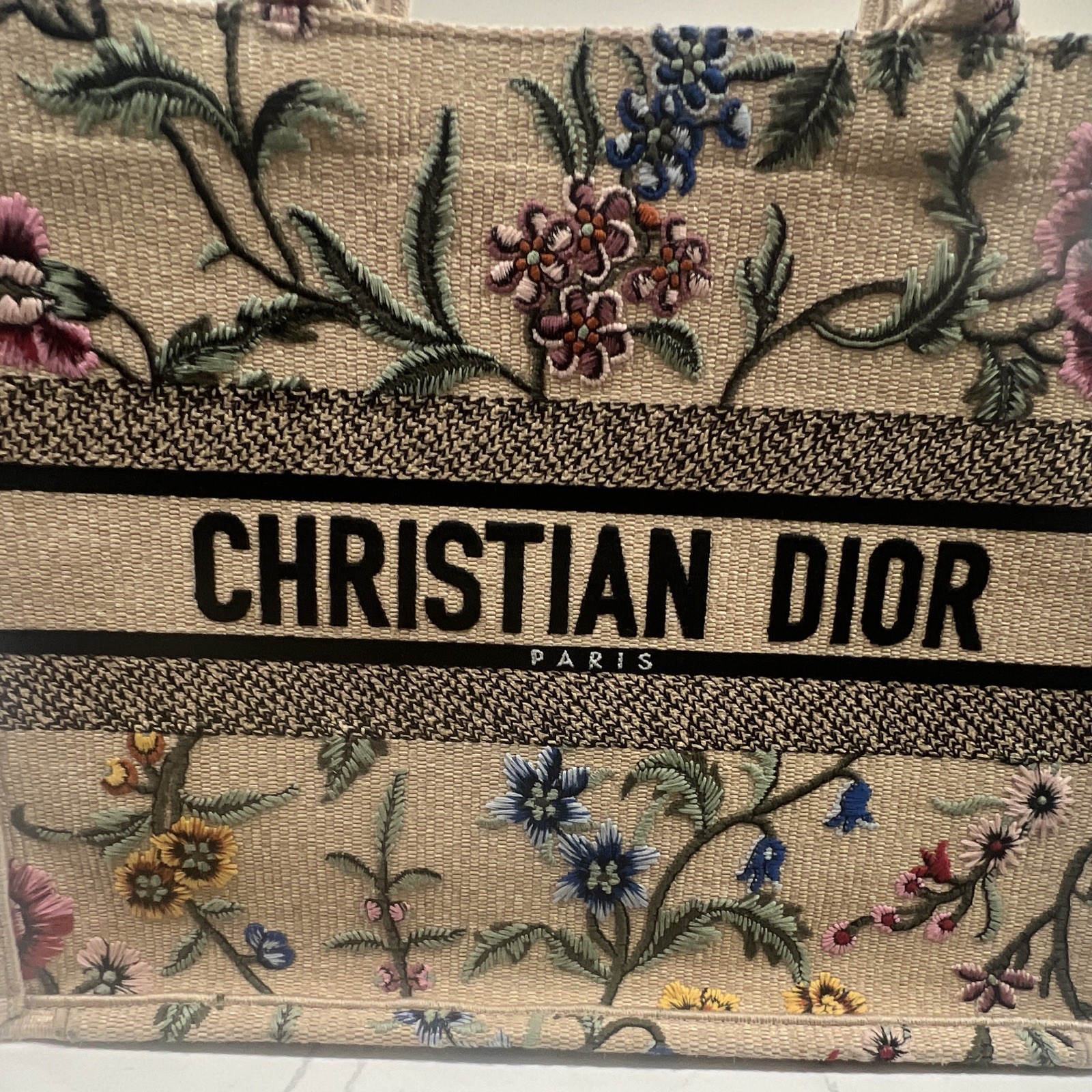 Dior Women’s Floral Embroidered Tote Bag Beige/Multicolor Top Handle Open