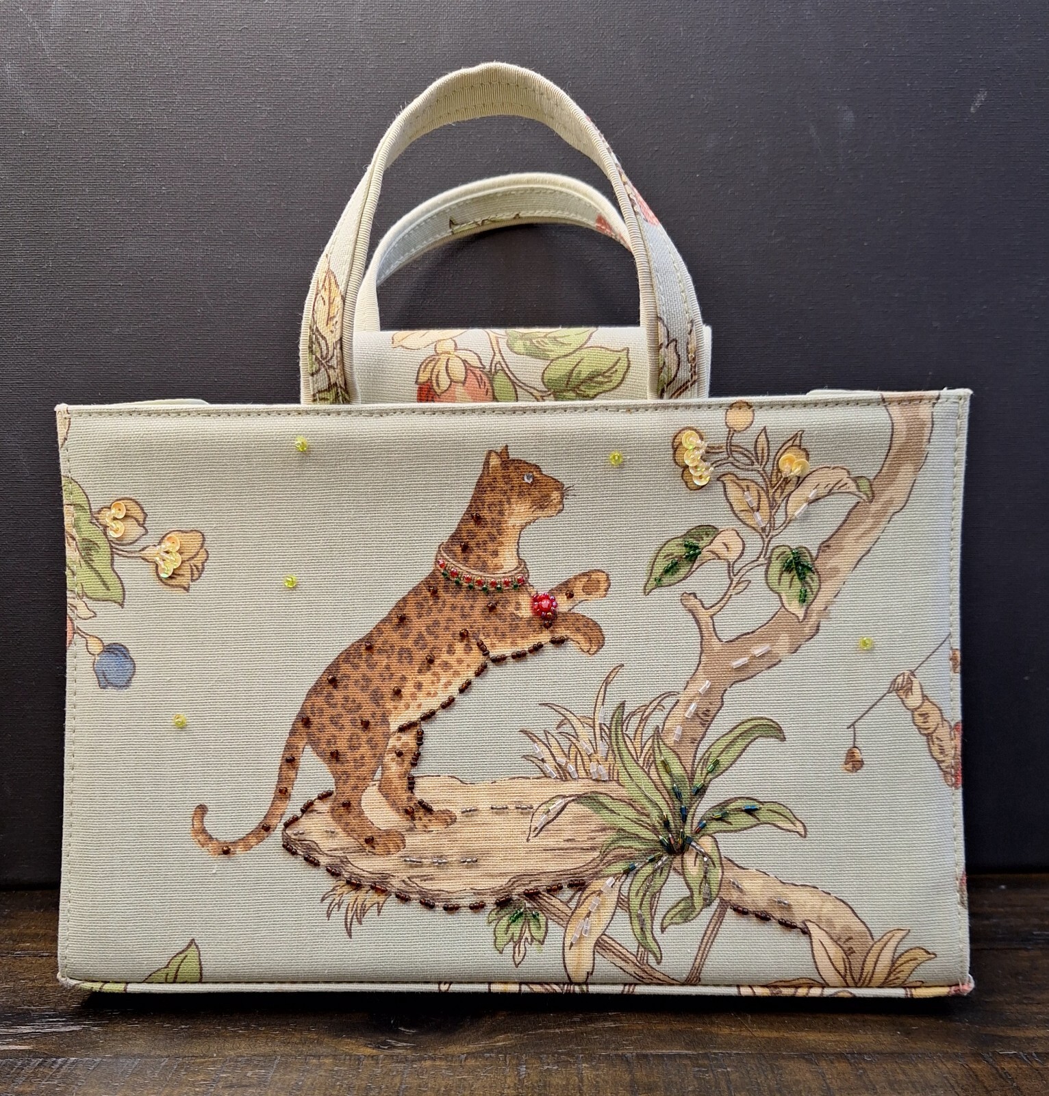 Embellished Lt. Sage Green Printed Handbag/Purse 7 3/4″H X 11 1/2″L X 4″W