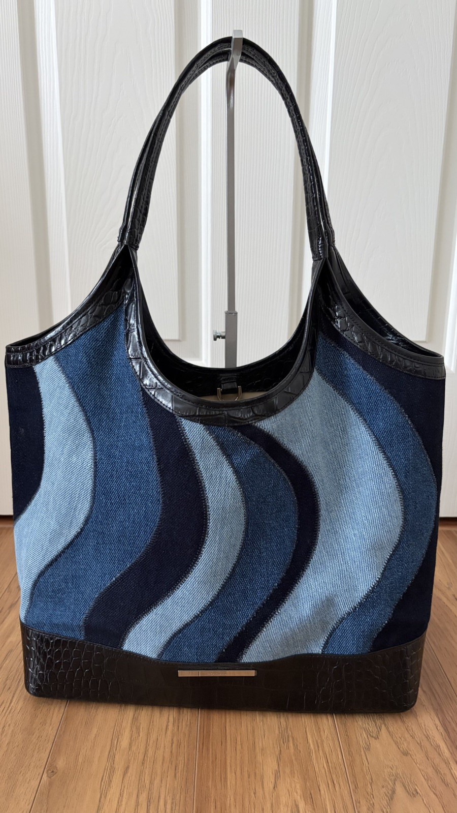 Brahmin Denim lona Retro Blue Lismore Leather Tote Carryall Shoulder Bag