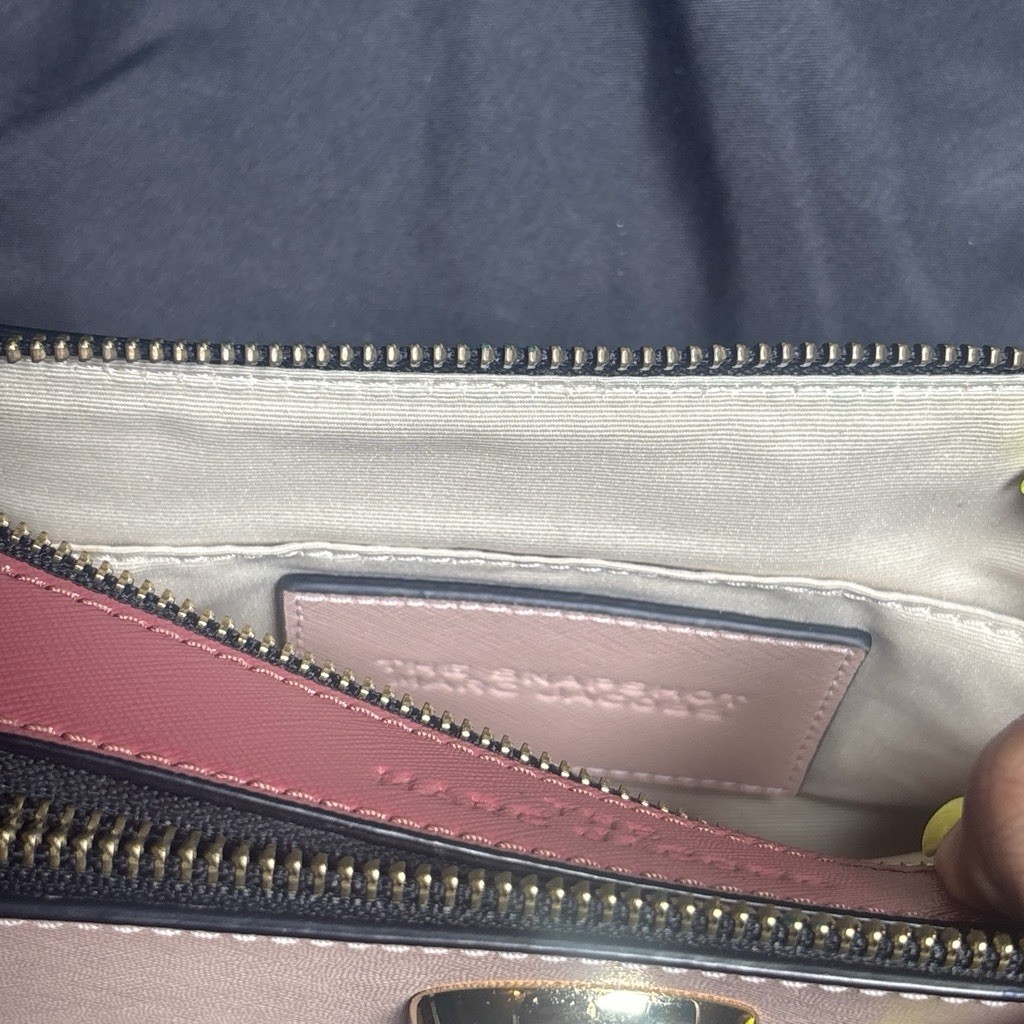 Marc Jacobs Small Colorblock Crossbody Bag Beige Pink Logo Strap Zip Gold