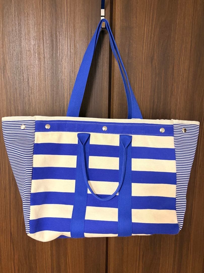 Monoprix Femme France Canvas Tote Bag Blue White Border Large Capacity Unused