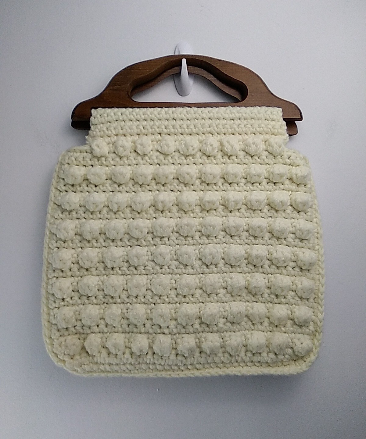 Homemade Boho Ivory Hand Crochet Clutch Wooden Handle Lined with Quilting Fabric