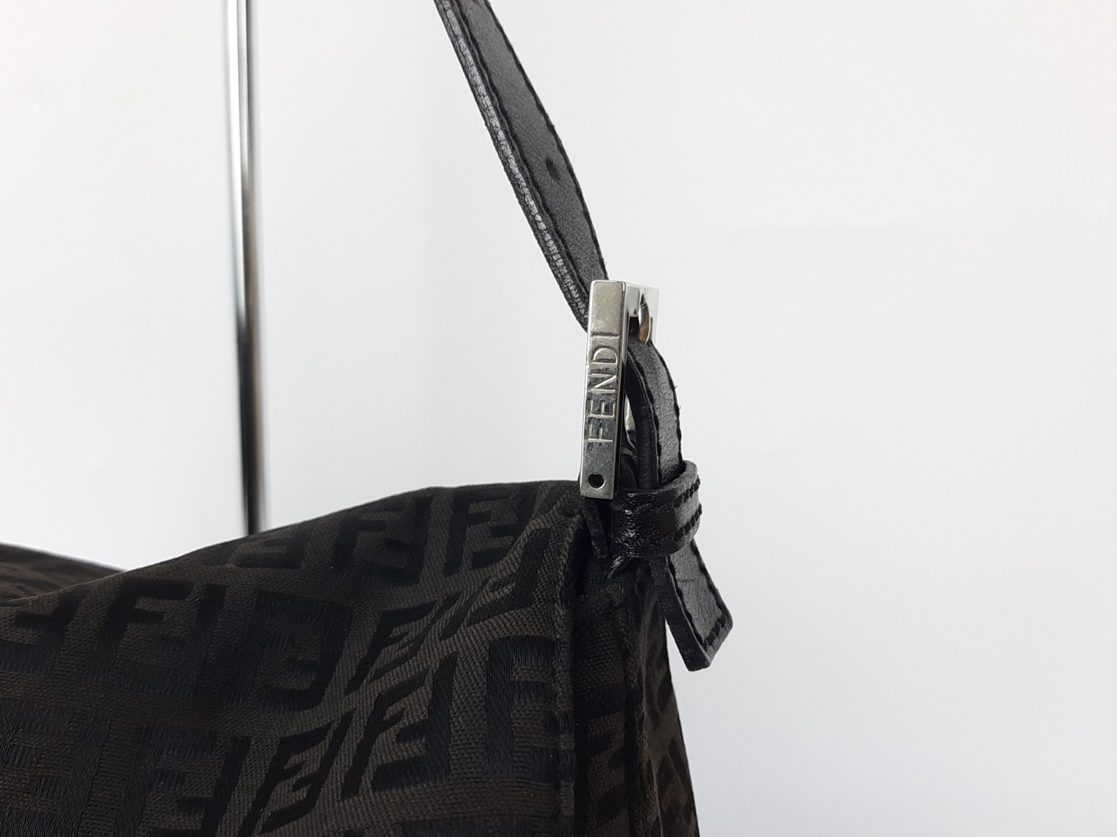FENDI Mamma Baguette Zucchino One Shoulder Hand Bag Black Canvas Leather