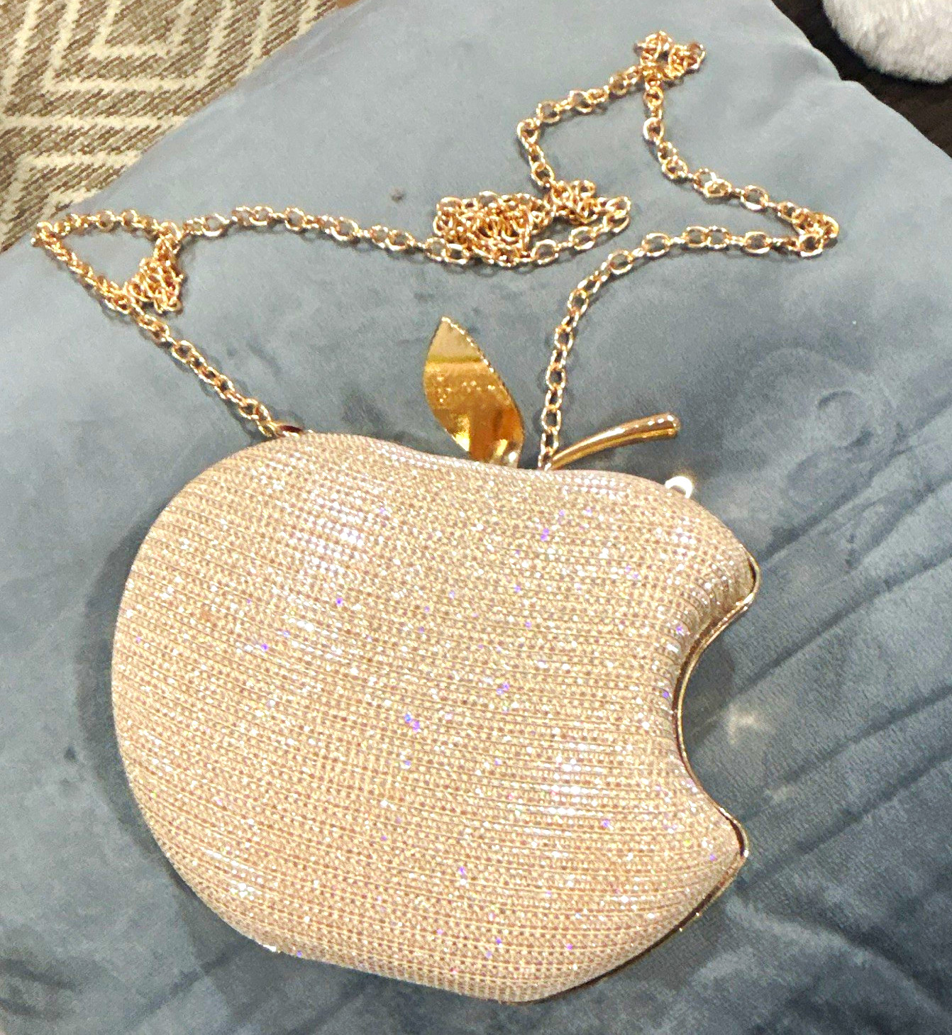 Gold Apple-Shaped Rhinestone Clutch Purse Push Lock Chain Strap Lined