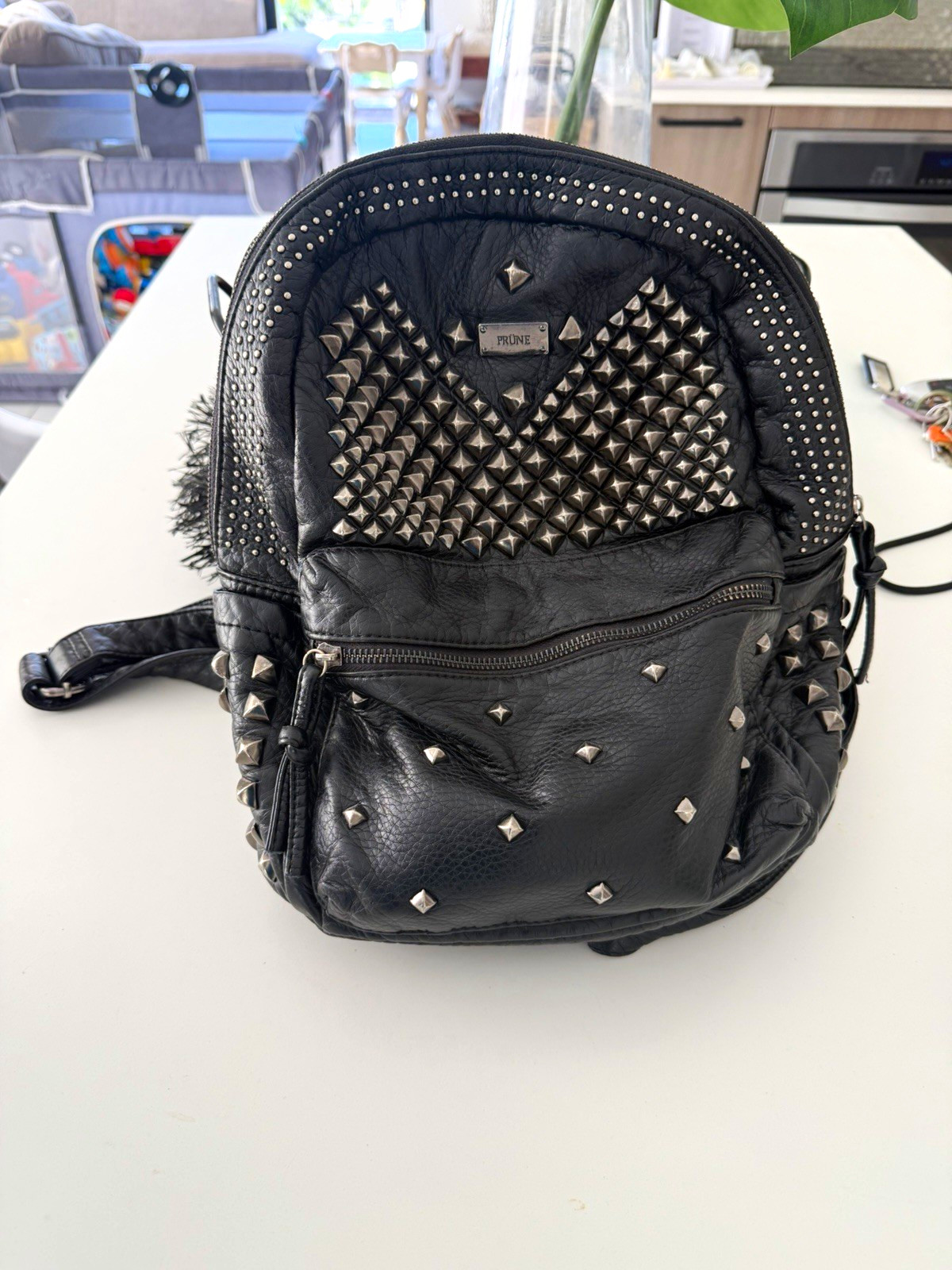 Prüne Women’s Black Studded Backpack Zip Closure Front Zip Pocket, 100% leather