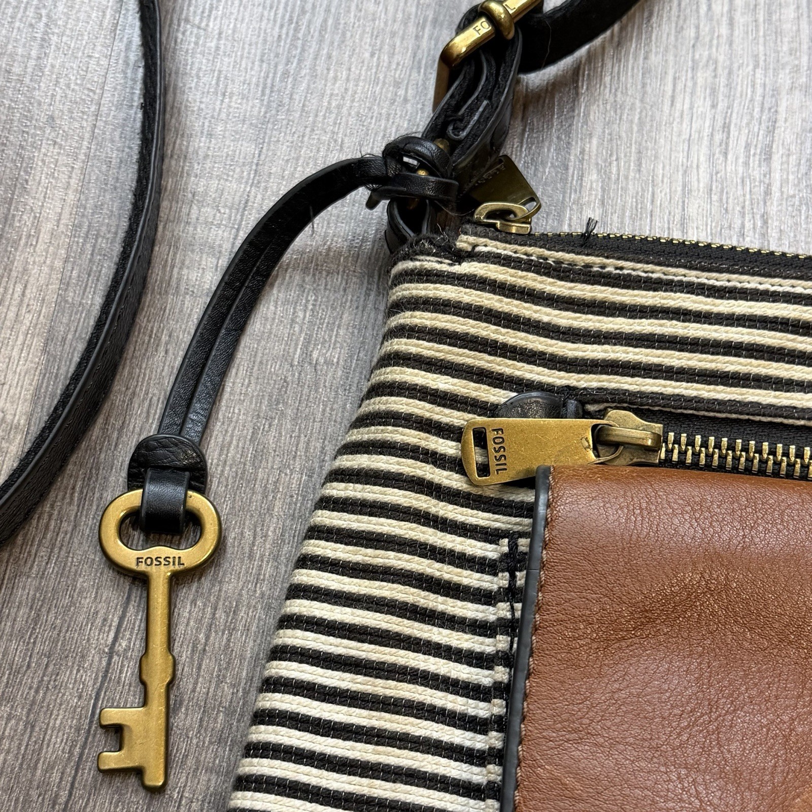 Fossil Striped Fabric & Leather Crossbody Bag Brown Black Key Charm