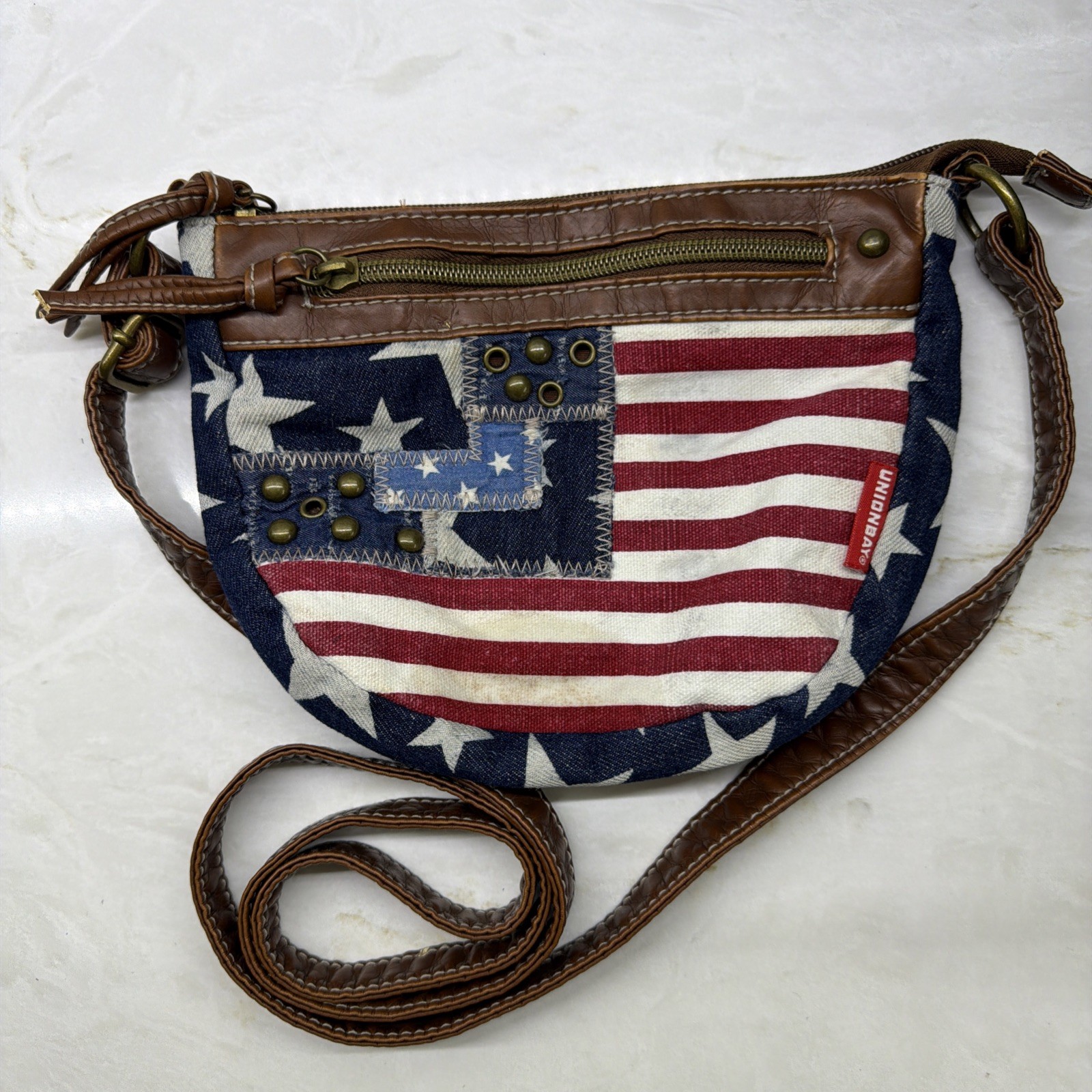 Unionbay American Flag Shoulder Bag Red White Blue Brown Leather Stars 8×6