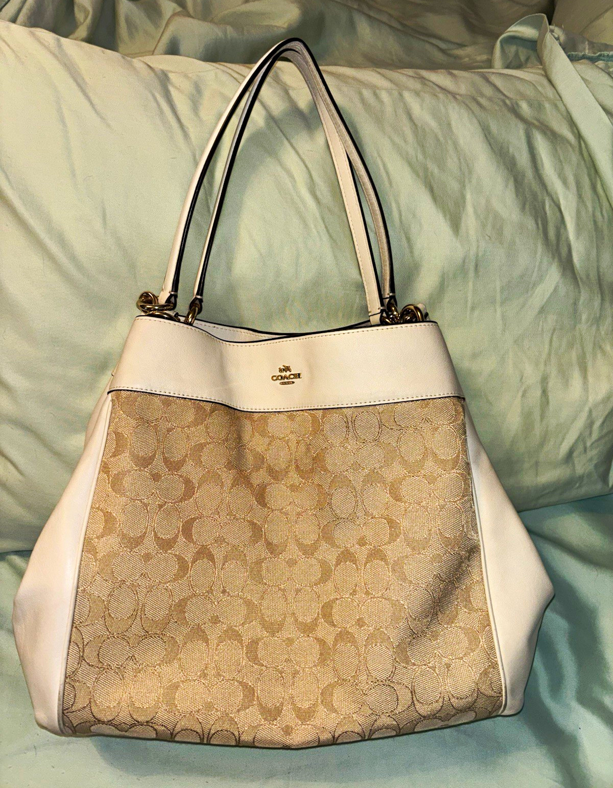 Coach Signature Monogram Shoulder Bag Beige/White Zip, Charm, Silver HW