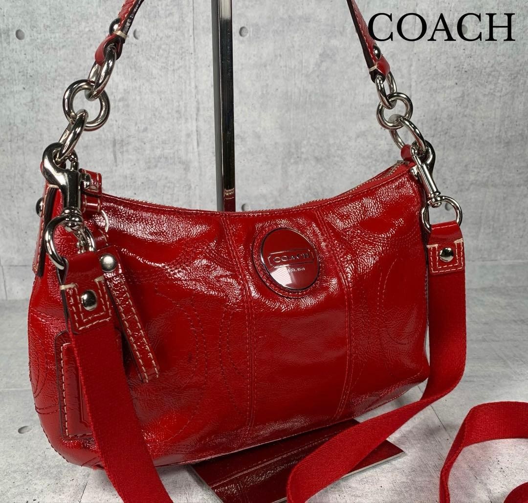 COACH F15141 Enamel Handbag 2way Shoulder Pouch Red Authentic Vintage Rare