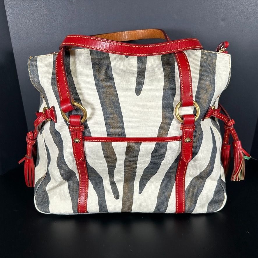 Dooney and Bourke THE SMITH BAG Zebra Print Canvas Leather Handles Tassels