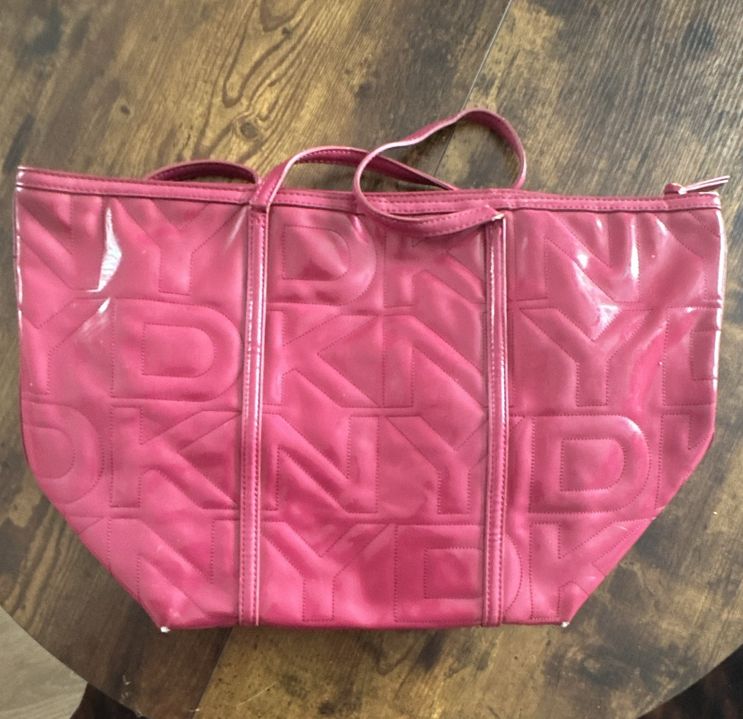 DKNY Pink Logo Quilted Tote Zip Top Silver Hardware Lined Inner Pockets