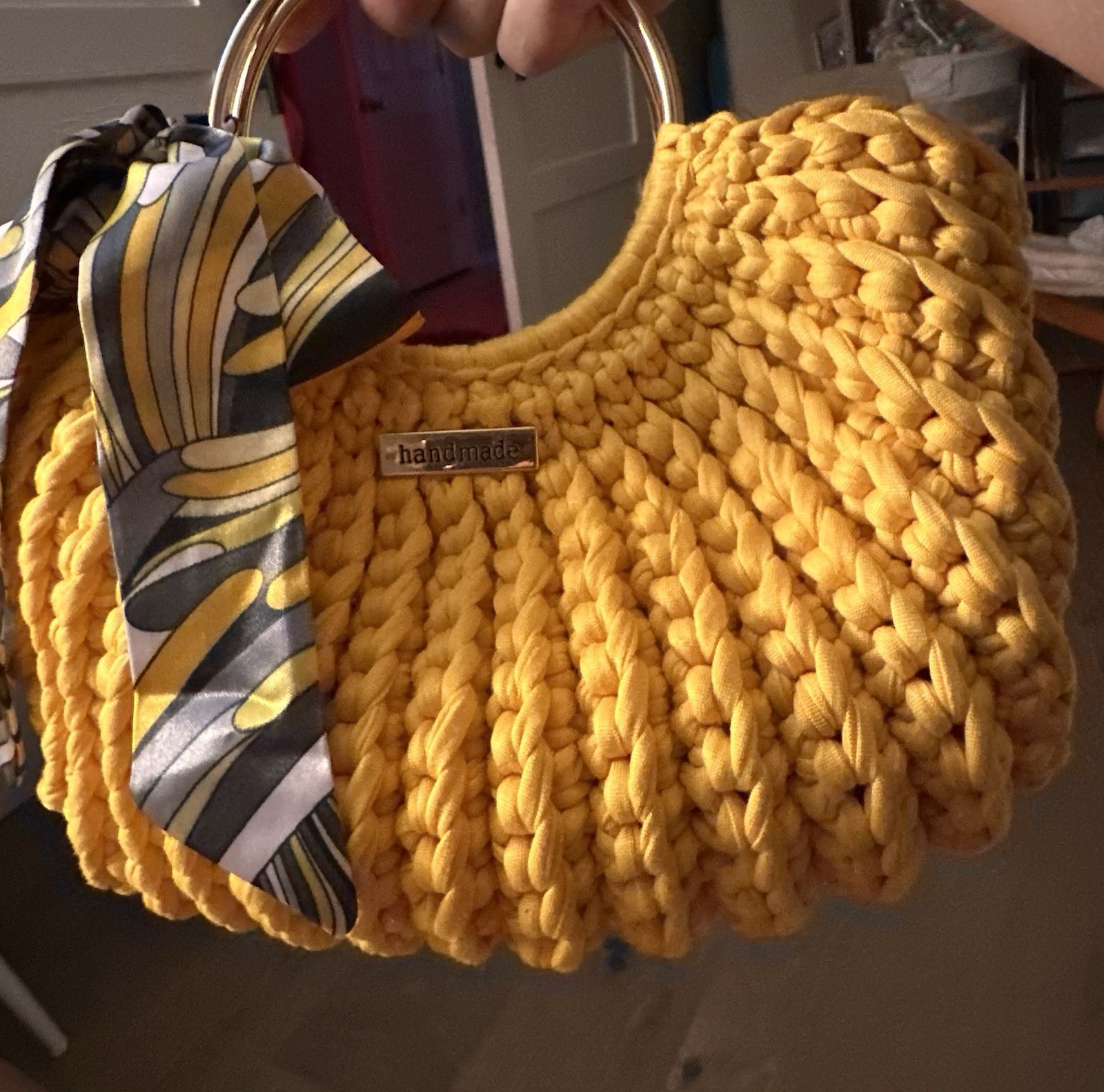 Handmade Yellow Crochet Small Top Handle Bag Gold Metal Scarf Charm