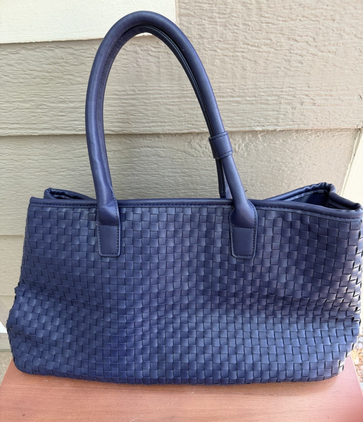 Lulu Dharma Blueberry Blue Vegan Leather Tote Snap Closure Large 18Lx10Hx6.5W