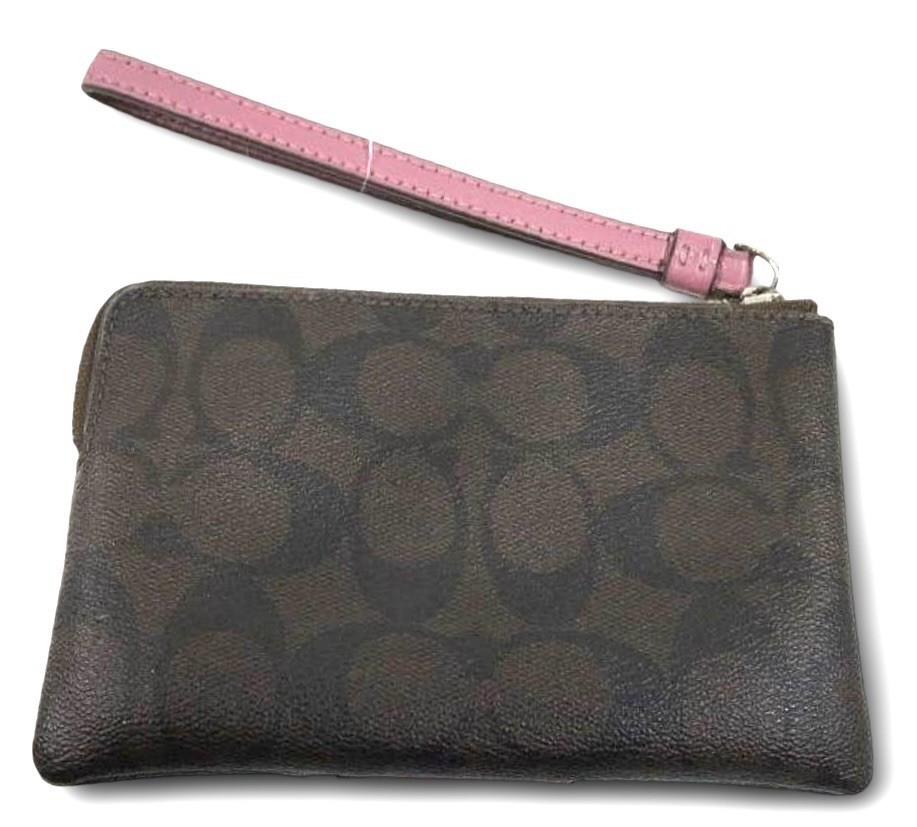 Coach Signature Corner Zip Wristlet Rose/Mahogany PVC Canvas Leather F58035