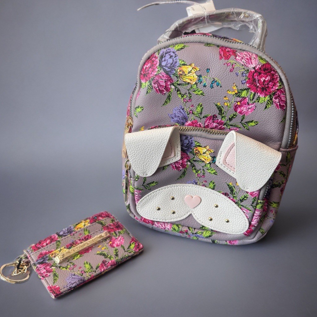 Betsey Johnson French Bulldog Kitsch Mini Backpack Floral + ID Wallet Set NWT