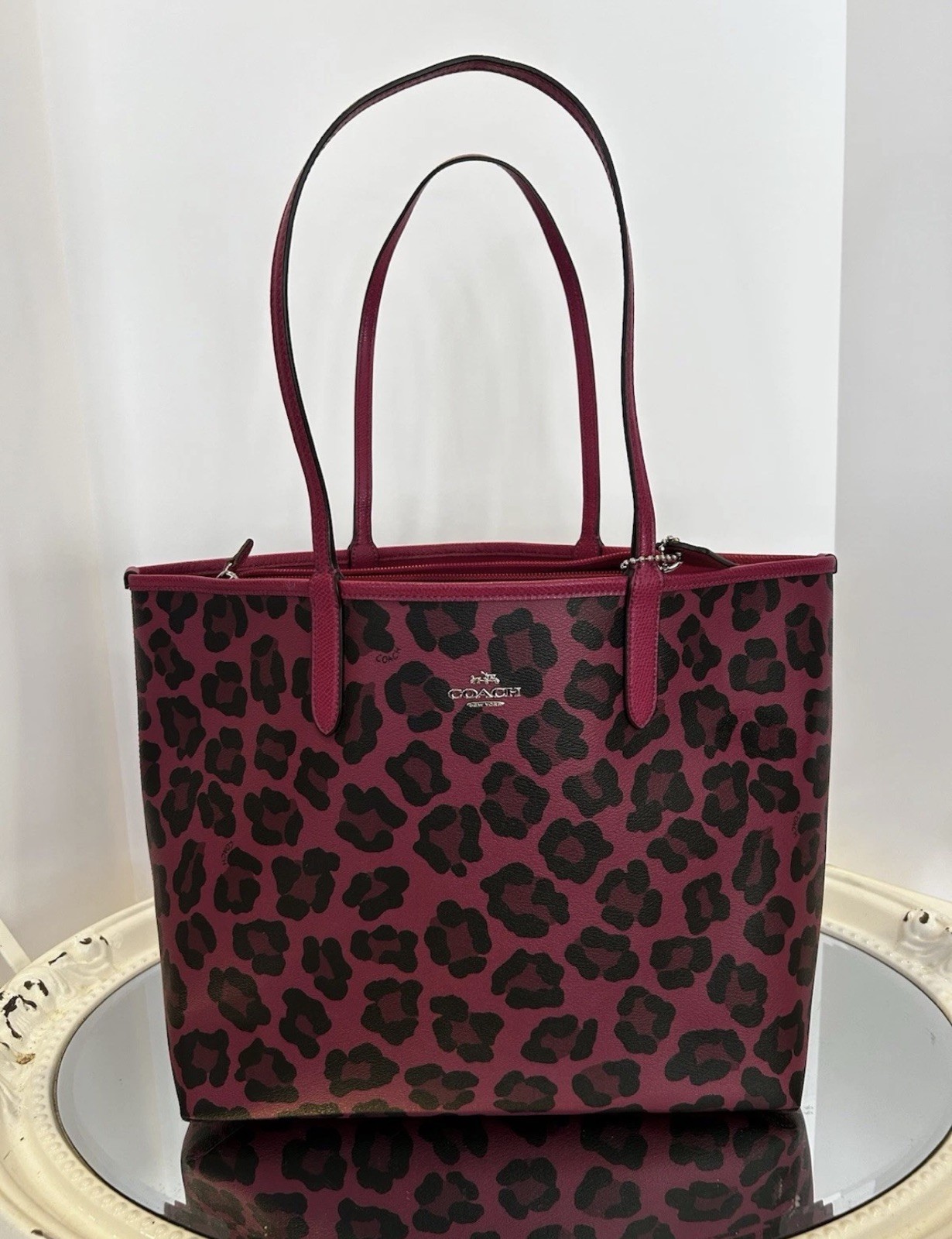 Coach Hot Pink Leopard Print Reversible City Tote RARE