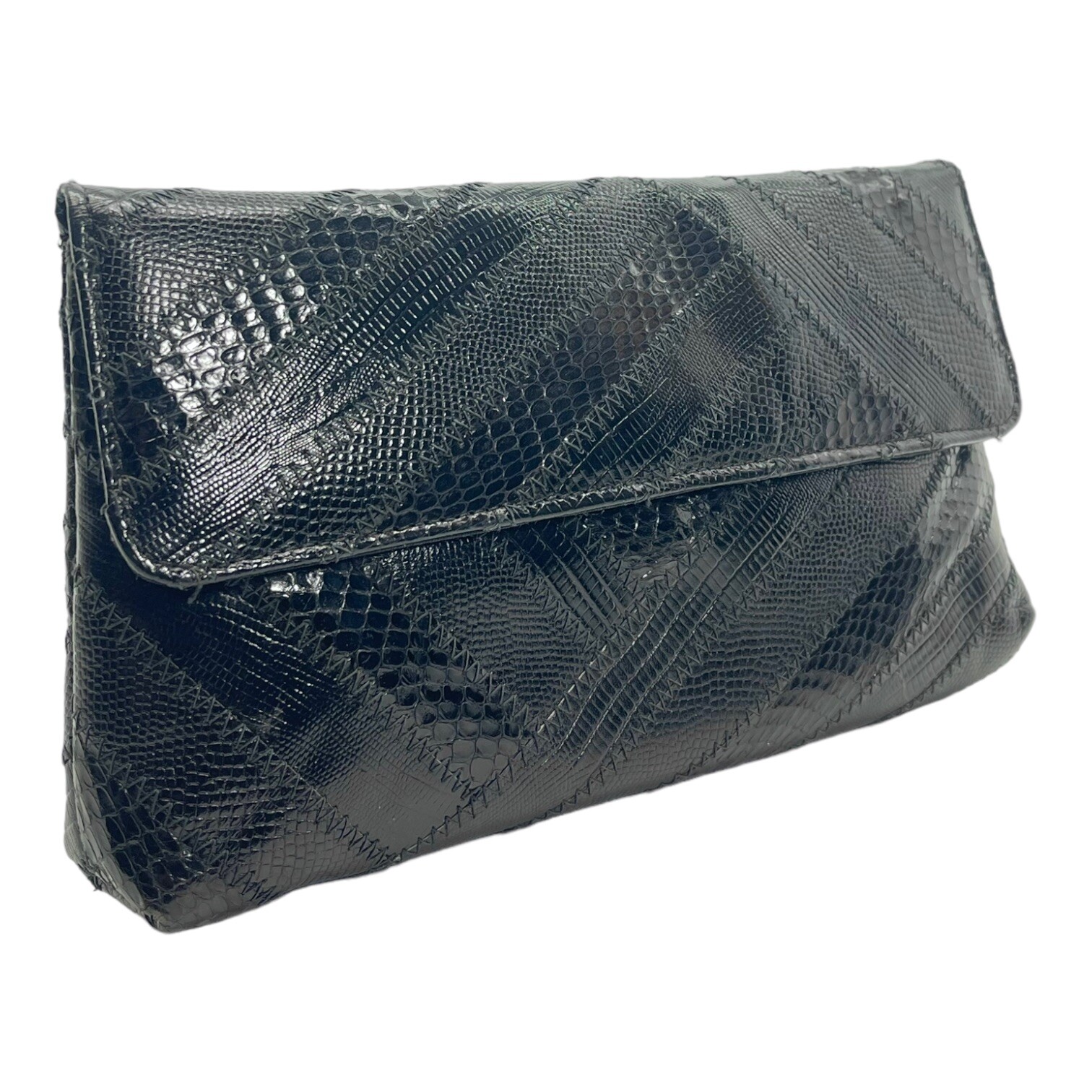 Vintage 80s DAME DAVID MEHLER Patchwork Snakeskin Clutch Shoulder Bag BLACK